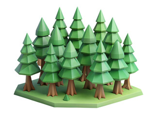 Poster - A vibrant 3d rendering of a low poly forest design displaying several green trees in a plastic-style icon isolated on white background
