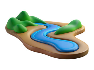 Aufkleber - A vibrant 3d rendering of a stylized landscape featuring flowing river green hills and brown land isolated on a white background
