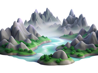 Poster - Stunning 3d rendering of a whimsical mountain landscape with flowing river and lush green islands, an icon for any design.
