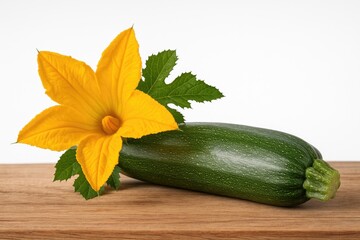 Poster - Bright yellow zucchini flower resting on a wooden surface with fresh zucchinis