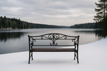 Wall Mural - snow-covered ground with a wrought-iron bench overlooking a tranquil lake