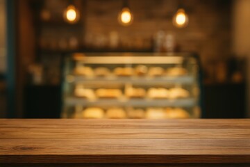 Poster - Close-up of a wooden surface against a softly blurred cafe display with lighting, ideal for product showcase or visual design backdrop