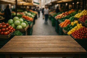 Poster - Rustic wooden surface amidst a lively outdoor market with an assortment of fresh produce