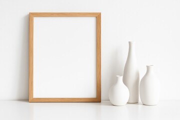 Poster - Minimalist interior mock-up featuring a wooden frame and white vases on a white background