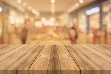 Poster - Wooden viewpoint with a softly blurred retail setting and bokeh backdrop, showcasing a product display layout