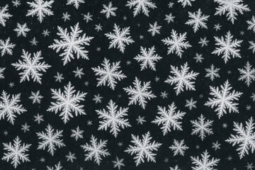 Poster - Intricate ice crystals resting on a dark surface during a cold winter day, showcasing delicate white snowflakes against a black background, emphasizing the crispness of freezing temperatures