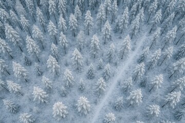Wall Mural - aerial perspective of a snowy woodland with snow-covered trees and ground