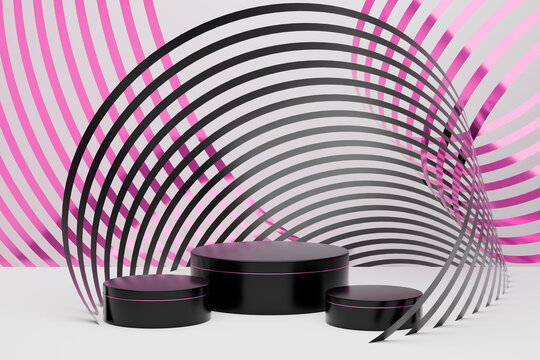 Elegant modern white abstract stage mockup - three polish black round podiums, metallic pink circular lines, swirl pattern. 3D rendering. Futuristic scene for presentation product, showing cosmetic.