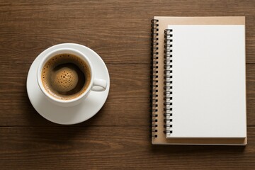 Poster - A white mug filled with coffee resting on a textured wooden surface next to notepads, ideal for adding your message