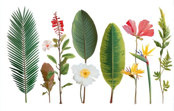 A vibrant collection of tropical leaves and flowers, digitally rendered, showcasing diverse textures and colors against a stark white background