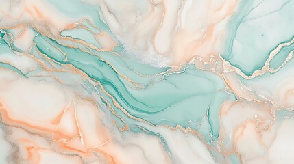 Poster - A mesmerizing composition of light teal soft cream and pale coral marble ink with thin delicate veins of silver and gold
