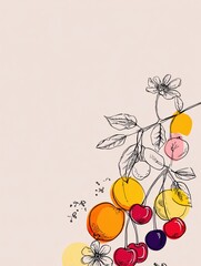 Poster - Colorful Fruit Line Art With Modern Design Elements Creates a Vibrant Aesthetic Showcasing Cherries, Oranges, and Floral Accents Against a Neutral Background