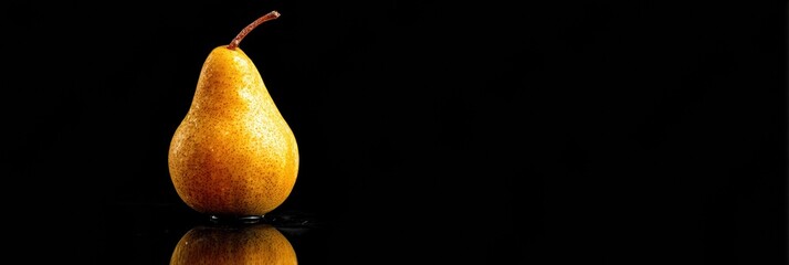 Poster - Single Pear Resting on Reflective Black Glass, Dramatic Lighting Highlights Its Texture and Color in a Minimalist Composition