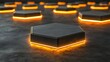 © Bahh - Abstract futuristic hexagon podiums with glowing orange accents on a dark gray concrete surface