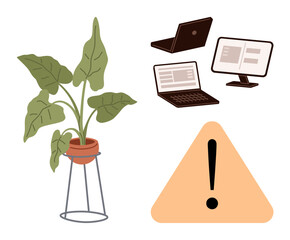 Poster - Large leafy plant in pot, open laptop, desktop monitor, and warning exclamation sign. Ideal for work, balance, nature, office productivity mindfulness and caution themes. A simple flat metaphor