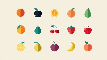 Poster - Colorful Flat Fruits Designed in Modern UI Style Arranged in a Grid With Clear Space in the Top Left Margin