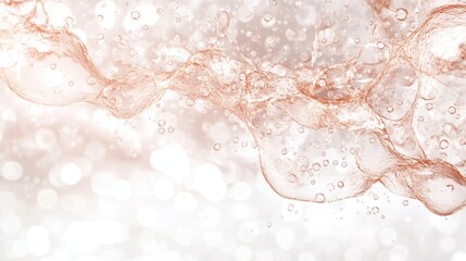 Poster - Fluid motion. Rose liquid wave with tiny bubbles on blurred light circles. Abstract flowing form against white background. Elegant delicate material.