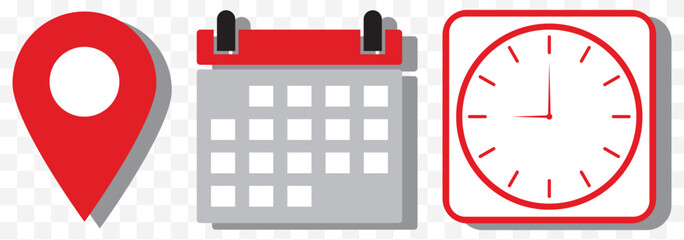 Leinwandbilder - Time, date and address icon set. Clock, calendar, location pin. Vector illustration on Transparent Background. EPS 10.