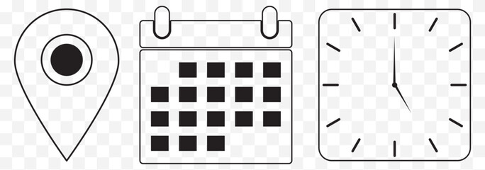 Poster - Address. time, and date icon vector. Event elements. Address. time, and date icon vector. Event elements isolated on transparent background. Clock, pin map location. EPS 10.