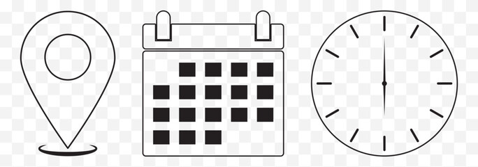 Poster - Address. time, and date icon vector. Event elements. Address. time, and date icon vector. Event elements isolated on transparent background. Clock, pin map location. EPS 10.