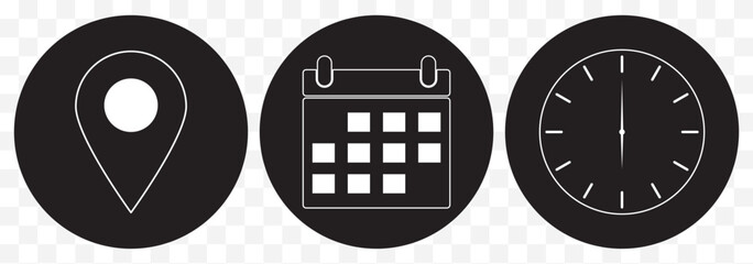 Poster - Date, Time, Address or Place Icons Symbol in editable Stroke white on Transparent Background. EPS 10.