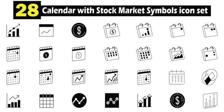 Collection of calendar icons with stock market related symbols and graphics for financial concepts and business design