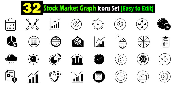 Collection of thirty two black and white stock market graph icons suitable for finance and business graphics