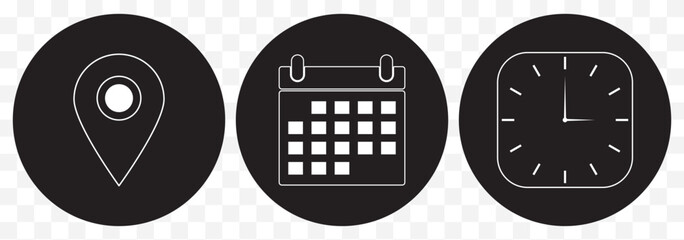 Poster - Date, Time, Address or Place Icons Symbol in editable Stroke white on Transparent Background. EPS 10.