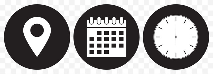 Poster - place, time and date icon set. position, clock and calendar symbol. business vector design. location, time and date icon for app, ui and website. vector illustration on transparent background. EPS 10.