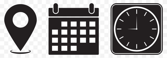 Poster - Address location icon. Notification bell icon. Stopwatch timer icon. Date Calendar icon - Web icons set on Transparent Background. EPS 10.