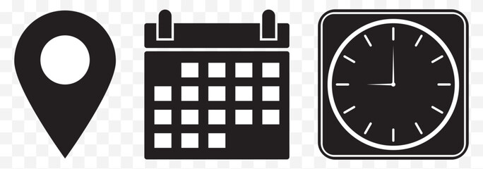 Poster - Address location icon. Notification bell icon. Stopwatch timer icon. Date Calendar icon - Web icons set on Transparent Background. EPS 10.