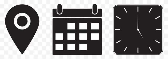 Poster - Address location icon. Notification bell icon. Stopwatch timer icon. Date Calendar icon - Web icons set on Transparent Background. EPS 10.