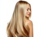 ©  Mariya Primakina - Back view of blonde woman with shiny long straight hair looking down on white background.