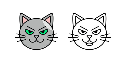 Naklejka na meble Two stylized cat head icons. One is colored gray with striking green eyes, while the other is a clean black outline. Both share a distinct grumpy or mischievous expression.
