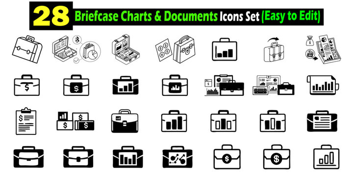 Twenty eight black and white briefcase icons with charts graphs and documents for business and finance projects