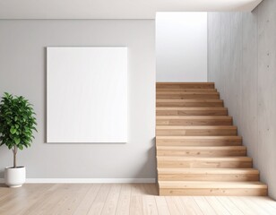 Aufkleber - Interior scene with wooden staircase blank wall art and potted plant modern