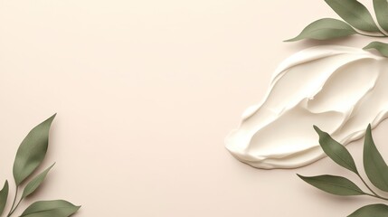 Poster - Beige background with cream swirl and foliage. Plant leaves adorn a smooth, light colored plane. Elegant, organic appearance with space for text.