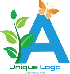 Poster - Abstract letter a logo with green leaves and an orange butterfly symbolizing growth and nature isolated on transparent background