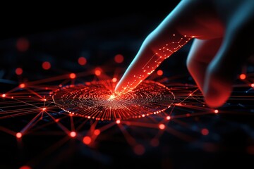 Fototapete - Engineer technician designer concept. Digital hand interacts with a network of glowing connections on a dark background.