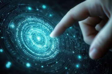 Fototapete - Engineer technician designer concept. Fingertip touching a glowing, abstract digital interface with circular patterns and light effects.