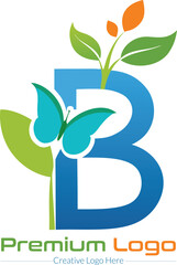 Aufkleber - Elegant blue letter b logo with green leaves and a blue butterfly symbolizing growth and nature isolated on transparent background