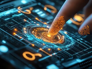 Fototapete - Engineer technician designer concept. A futuristic interface featuring a hand interacting with glowing data patterns.