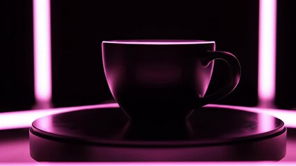 Poster - A dark cup sits on a circular platform illuminated by pink neon lights.