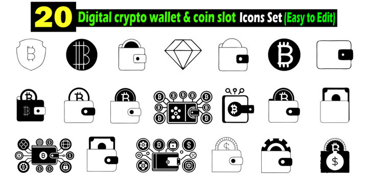 Collection of twenty simple digital crypto wallet and coin slot icons set in black and white style.
