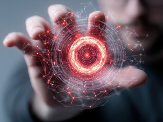 Fototapete - Engineer technician hologram concept. A person manipulating a digital sphere with interconnected lines and nodes.