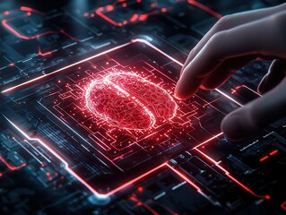 Fototapete - Engineer technician hologram concept. A hand touches a glowing brain circuit on a digital interface, symbolizing technology and artificial intelligence.