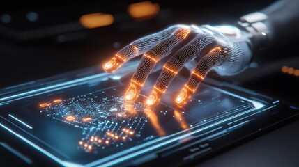 Fototapete - Engineer technician hologram concept. Futuristic robotic hand interacting with a digital interface.
