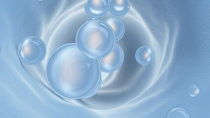Poster - Animation. Abstract illustration of translucent bubbles floating above a smooth, textured surface, creating a serene and calming atmosphere with soft light reflections