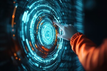 Fototapete - Engineer technician hologram concept. Futuristic interface with a hand interacting with glowing digital elements.