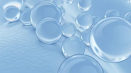 Poster - Animation. Close-up of translucent water droplets resting on a smooth, textured surface, creating a serene and calming atmosphere with soft light reflections and gentle curves